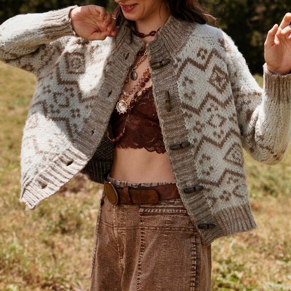 Multicolor Casual Women's Geometric Long Sleeve Cardigan Sweater - Picture 6 of 7